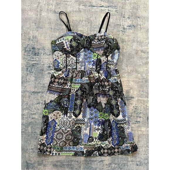 It's Pink Blue Green White Mixed Print Boho Mini Dress w Pockets Large - Picture 1 of 9